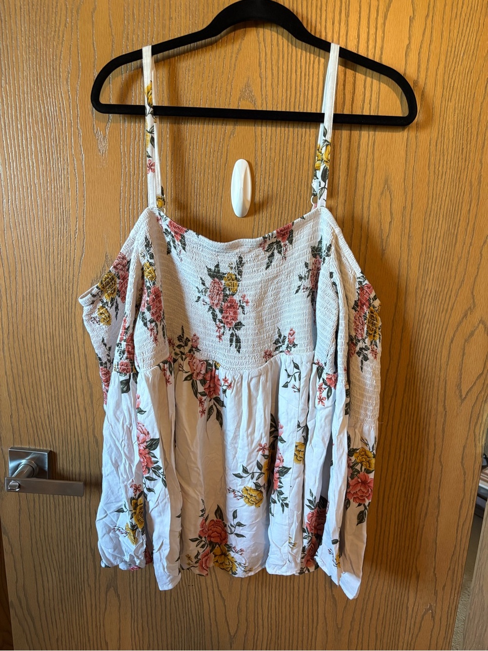 Floral Smocked Cold-Shoulder Cami Tank Top - White with Pink & Yellow Flowers